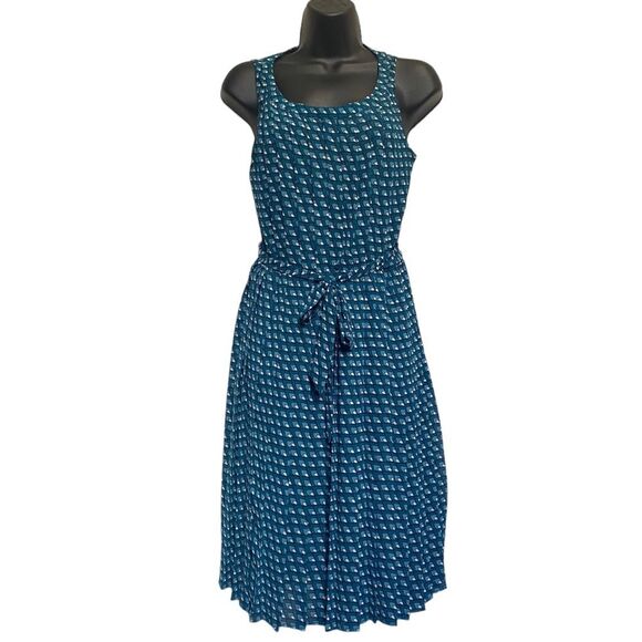 Halogen Teal Blue Square Print Sleeveless Dress Pleated Skirt Sz 4P NWT - Picture 1 of 6